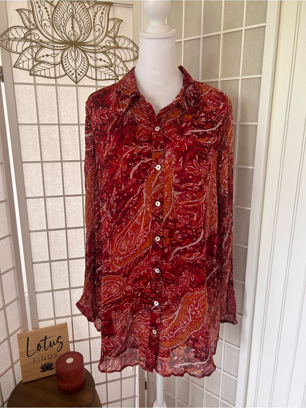 Soft Surroundings Burnt Orange Paisley Sheer Layered Blouse Large